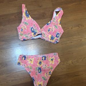 Floral smocked high waisted bikini swimsuit